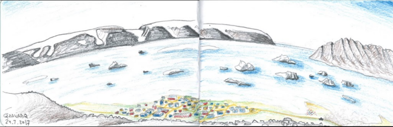 Qaanaaq - the northernmost town in Greenland, 77.5°N (sketch by Evgeny Podolskiy, 2017).