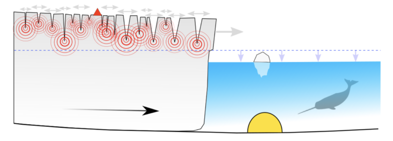 Ocean-bottom seismometer (OBS) near the calving front. The OBS (yellow semicircle) is deployed some distance away from the glacier. It captures all the sounds in the ocean, including vibrations of the seafloor due to glacier movement and whale songs (after Podolskiy et al., Nature Communications, 2021)