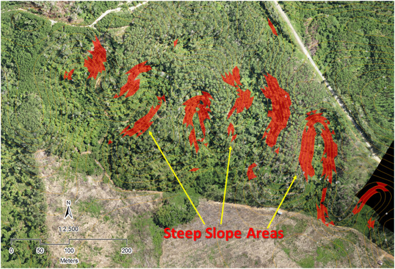 Data analysis involves utilizing slope information and topographic contours derived from the SRTM overlay, in conjunction with UAV imagery. This integrated approach aims to identify and pinpoint steep slope areas that should be avoided prior to initiating any forest logging activities (Photo by Stanley Anak Suab)