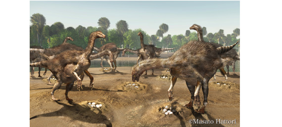 Artistic reconstruction of colonial nesting site of therizinosaur dinosaurs from Mongolia by Masato Hattori
