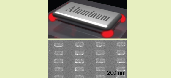 Fig.1 A schematic illustration of aluminum nanostructure, and a scanning electron microscope photograph (The red points in the diagram are areas of induced optical field enhancement.)