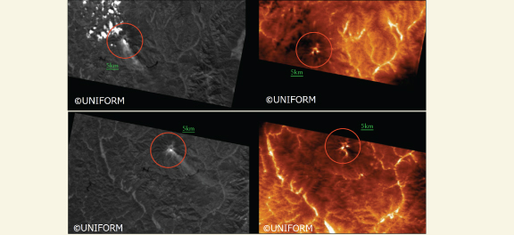 Images of Mt. Ontake taken by UNIFORM-1’s onboard thermal infrared camera: (Top) Images taken at 12:02 (JST), September 28 ;(Bottom) Images taken at 12:21 (JST), September 29;  (Left) Visual camera (resolution: approx. 100 m); (Right) Thermal infrared camera (resolution: approx. 200 m) All images have been cropped from original ones and magnified. Upper direction is North. High temperature regions appear as white areas in thermal infrared images.