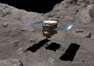 Artist's impression of Hayabusa landing on asteroid, Itokawa (credit: Akihiro Ikeshita).