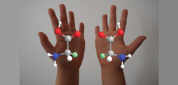 Fig. 1: Left and right-handed structures of chiral molecules cannot be superimposed in three dimensions (image shows chiral deuterium-substituted glycine NH2CHDCOOH).