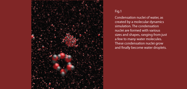 Condensation nuclei of water, as created by a molecular dynamics simulation.