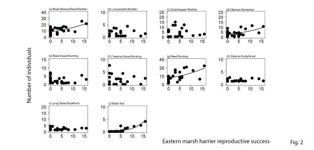 Relationship between the parent populations of ten species of small birds, and harrier reproductive success:  A higher value on the horizontal axis shows higher harrier reproductive success. Each black dot shows the abundance living per unit area in each wetland. The curves indicate that the population has a statistically significant relationship with harrier reproductive success.
