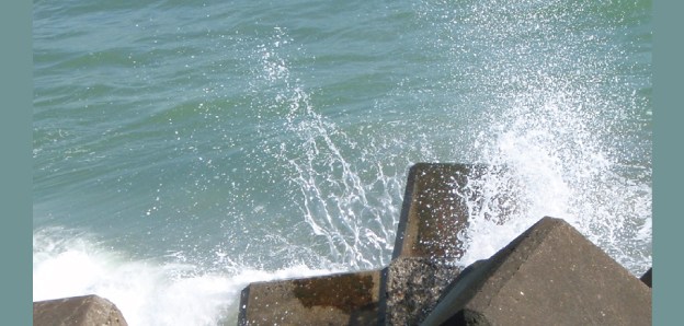 A photograph of ligaments, sheets and sea sprays observed at wave impact on concrete armor blocks.