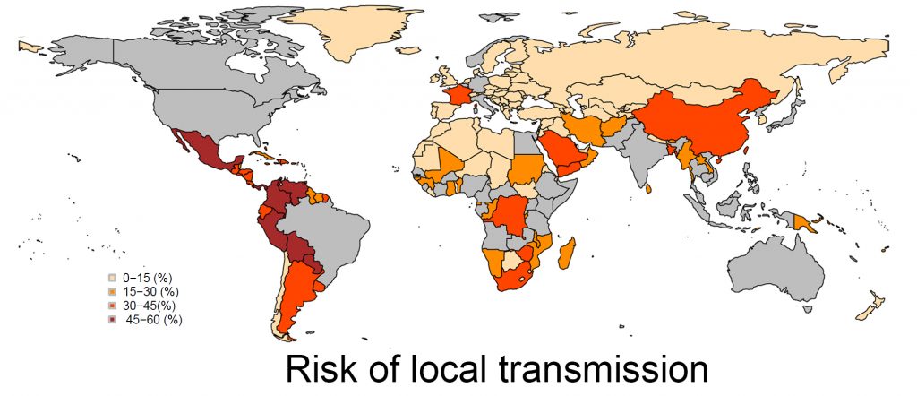 Global distribution of the risk of local transmission with Zika virus.