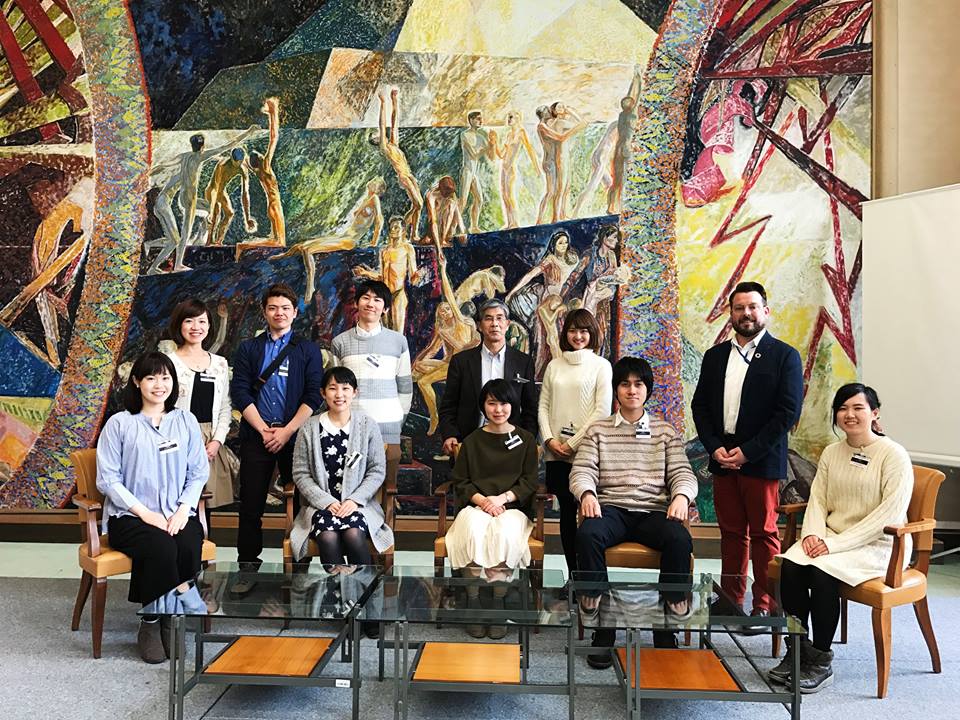 Hokkaido University students and Professor Hiko Tamashiro at the United Nations Library and Archives at Geneva.  Photo taken by the United Nations Library at Geneva.