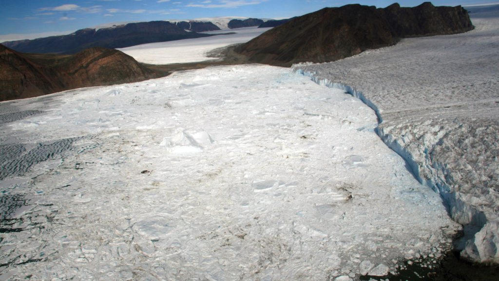 Image of Bowdoin Glacier, northwestern Greenland, on July 4th, 2016 as seen from a helicopter. The glacier is about 3 kilometers wide.