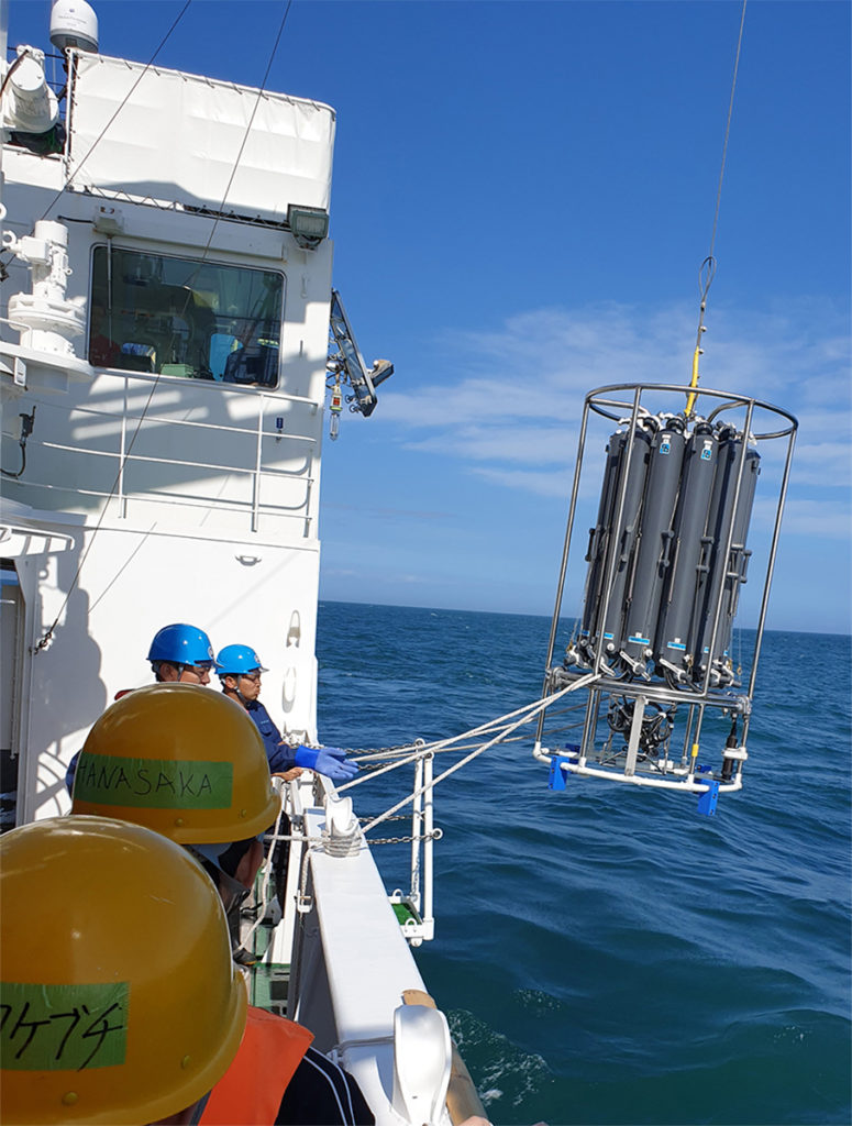 The CTD unit with tanks to collect seawater at different depths.