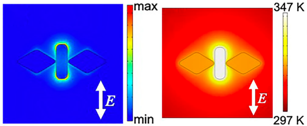 Calculated localized field (left) and temperature distribution (right) of the nano-butterfly structure. (Fujiwara H., et al, Nano Letters. December 23, 2019.)