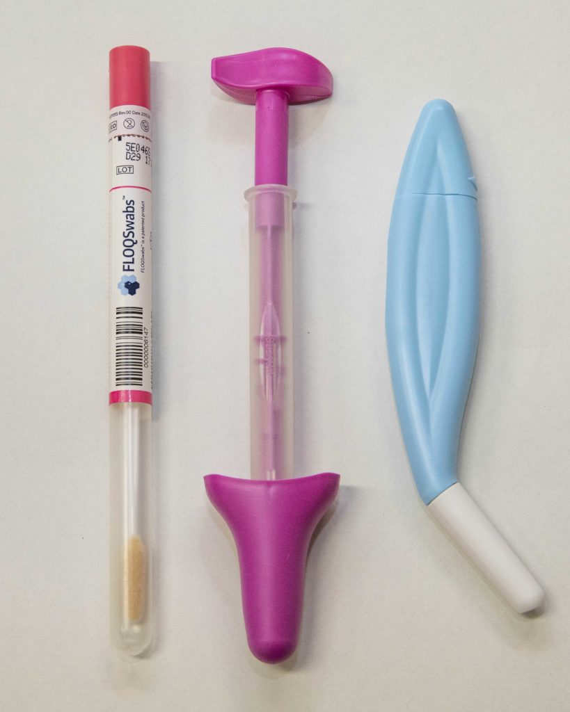 Cervical cancer self-sampling devices. From the left: FLOQSwabs, Evalyn Brush, HerSwab.