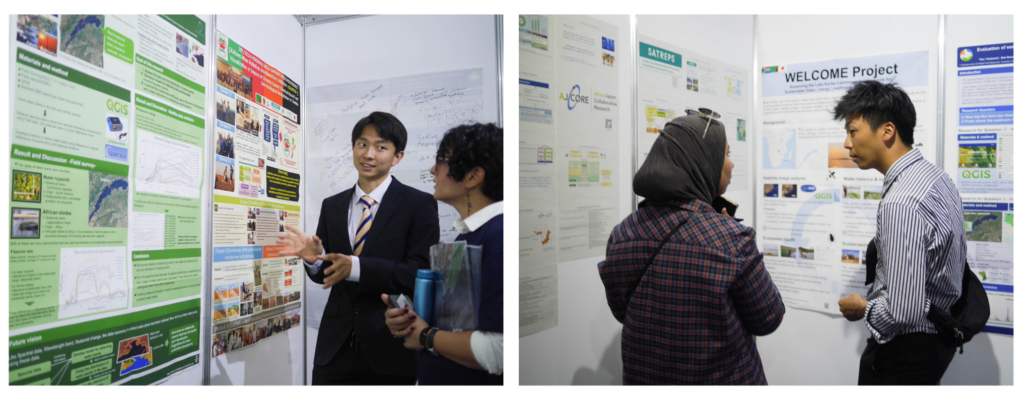 Two photos showing Hirata and Takahashi in the middle of explaining and discussing their research projects with the booth visitors in front of their research posters.