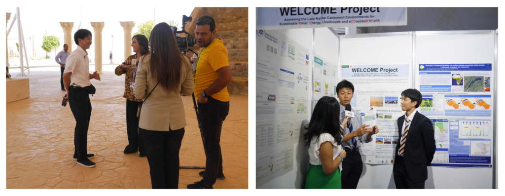 Left photo is showing Hirata being interviewed by a media person accompanied with a cameraman and one other person. Right photo is showing Takahashi and Hirata standing in front of their research posters while being interview by another media person holding a microphone