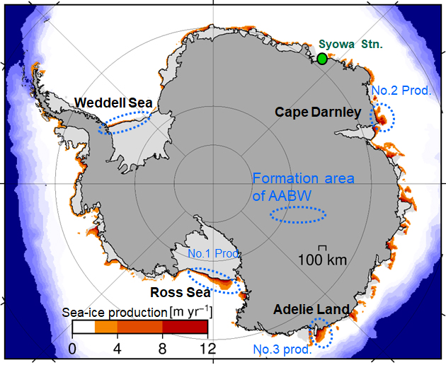 Map of annual sea ice production in the Antarctica Ocean, revealed by satellite observations.