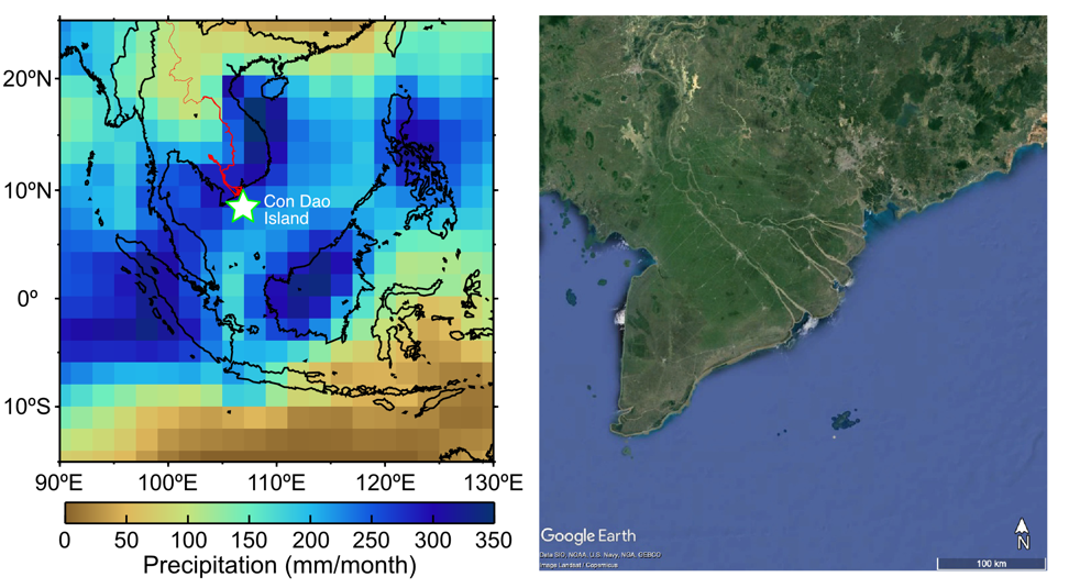 Two images side-by-side. On the left, a map of South-East Asia showing the quantity of rainfall in October from the years 1980 to 2005. On the right, a satellite image of the Mekong River Delta from Google Earth