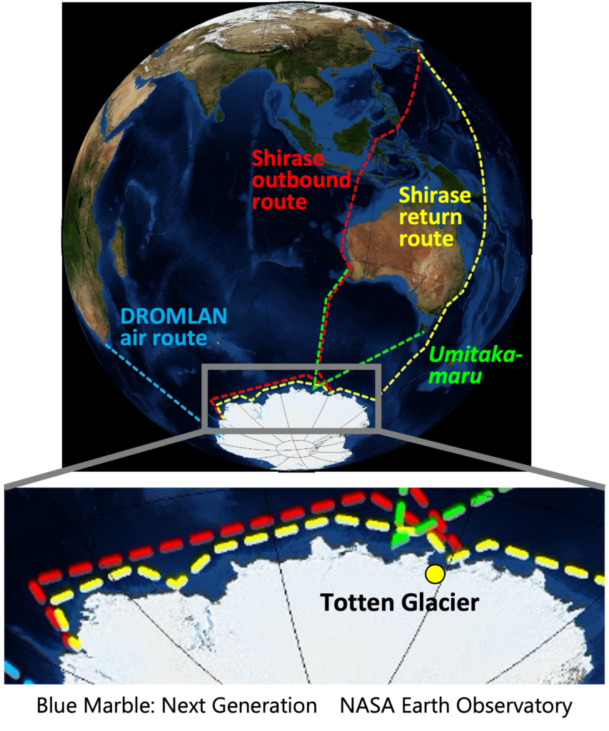 The routes taken by the the 61st Expedition as conducted surveys off the Totten Glacier on the way to Syowa Station and on its return trip, by the Japanese icebreaker Shirase.