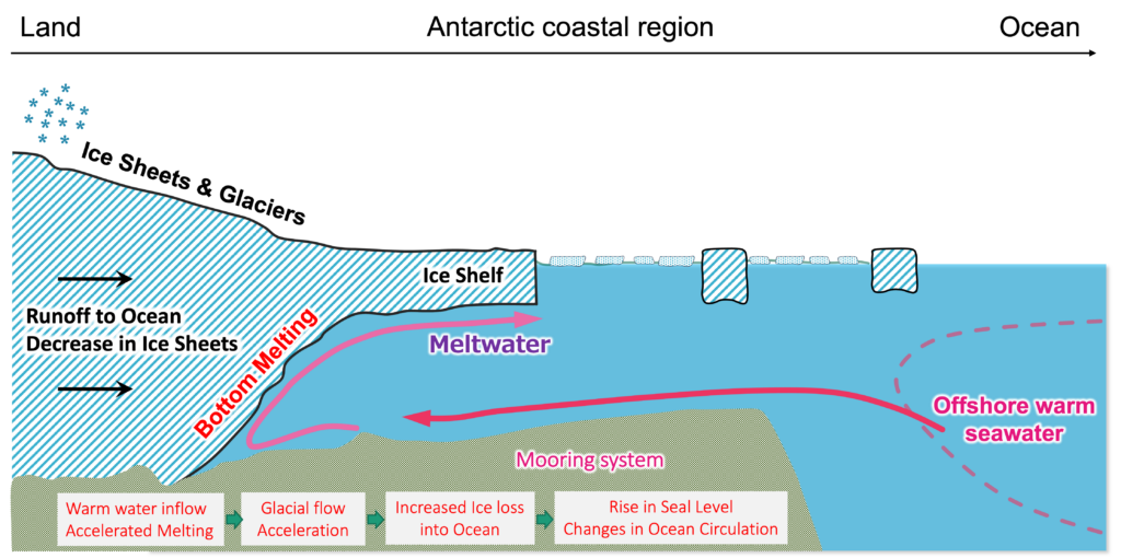 An illustration of the effects of warming seawter on ice. The warm seawater flows under the ice shelf through a deep trough connected with the offshore basin, accelerating the melting of ice. 
