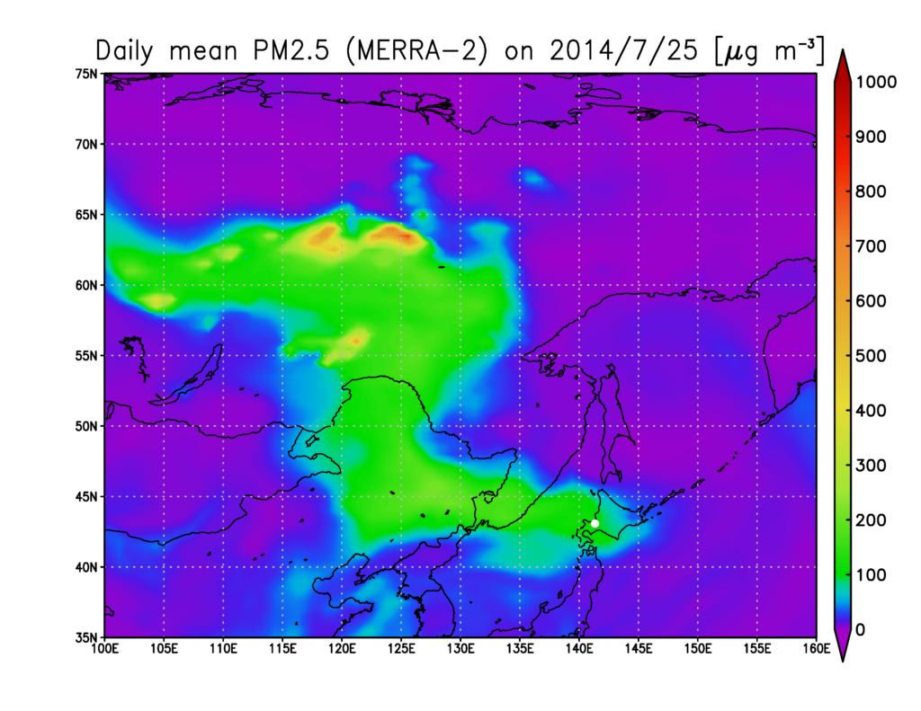 Highly-increased air pollution (PM2.5) flowed into Hokkaido (green area) due to Siberian wildfires in July 2014. (Figure 1b from Yasunari et al., 2018, doi:10.1038/s41598-018-24335-w)