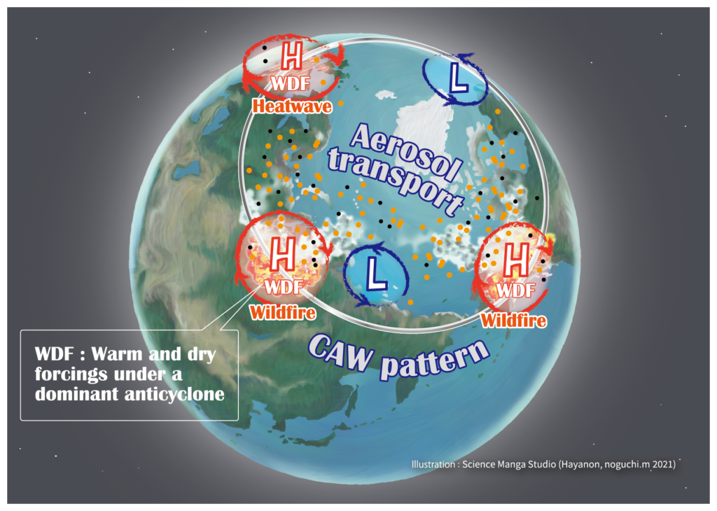 The summer climate pattern revealed in 2021 by Yasunari et al. likely drives co-occurrences of European heatwaves and large-scale wildfires over Siberia and subpolar North America. This climate pattern is named as the circum-Arctic wave (CAW) pattern based on the feature of three high-pressure systems over Europe, Siberia, and subpolar North America that encircle the Arctic during the summer. (Hayanon, noguchi.m, 2021; Figure 9 from Yasunari et al., 2021; doi:10.1088/1748-9326/abf7ef)