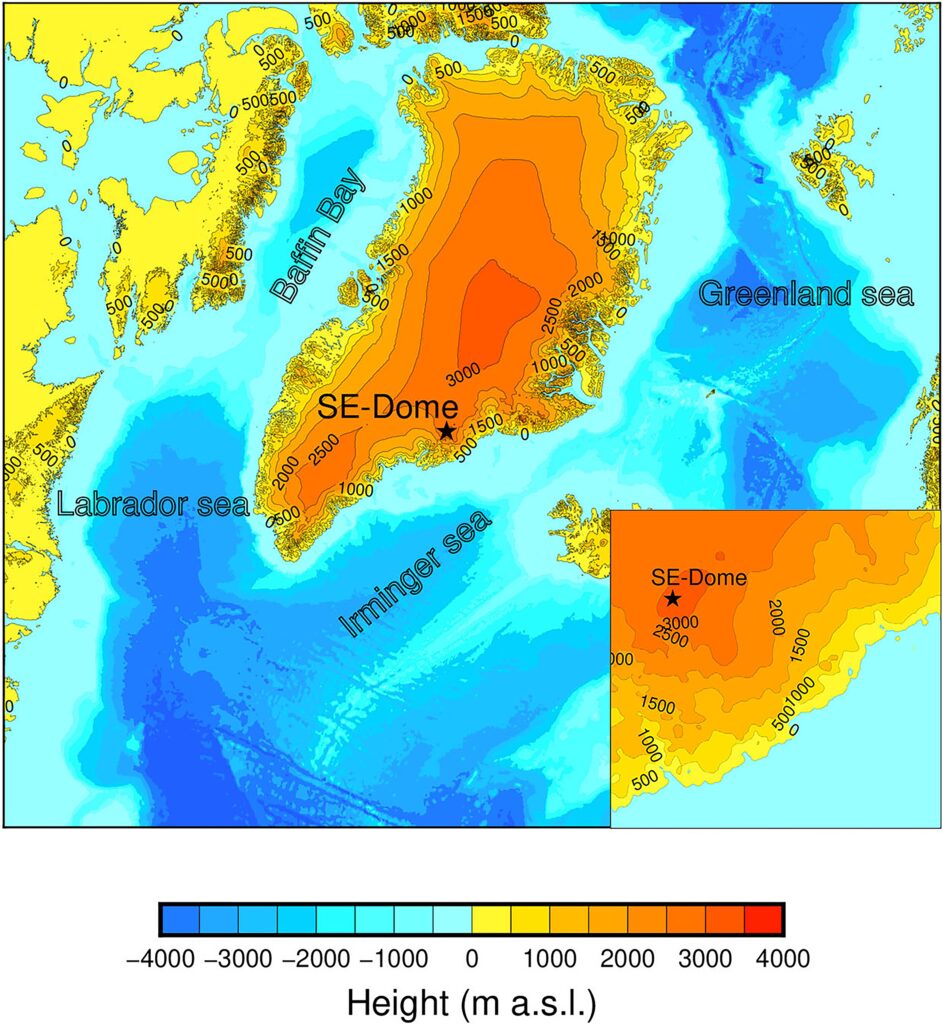 A contour heat map of Greenland and surrounding areas, indicating elevations in the region. There is a star in the centre of the map indicating the southeastern dome of the Greenland Ice Sheet, where the ice core in this study was collected (Yutaka Kurosaki, Sumito Matoba, et al. Communications Earth & Environment. December 26, 2022).