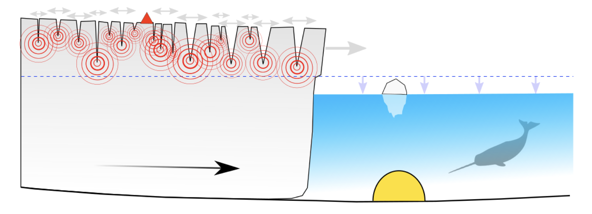 Ocean-bottom seismometer (OBS) near the calving front. The OBS (yellow semicircle) is deployed some distance away from the glacier. It captures all the sounds in the ocean, including vibrations of the seafloor due to glacier movement and whale songs (after Podolskiy et al., Nature Communications, 2021).