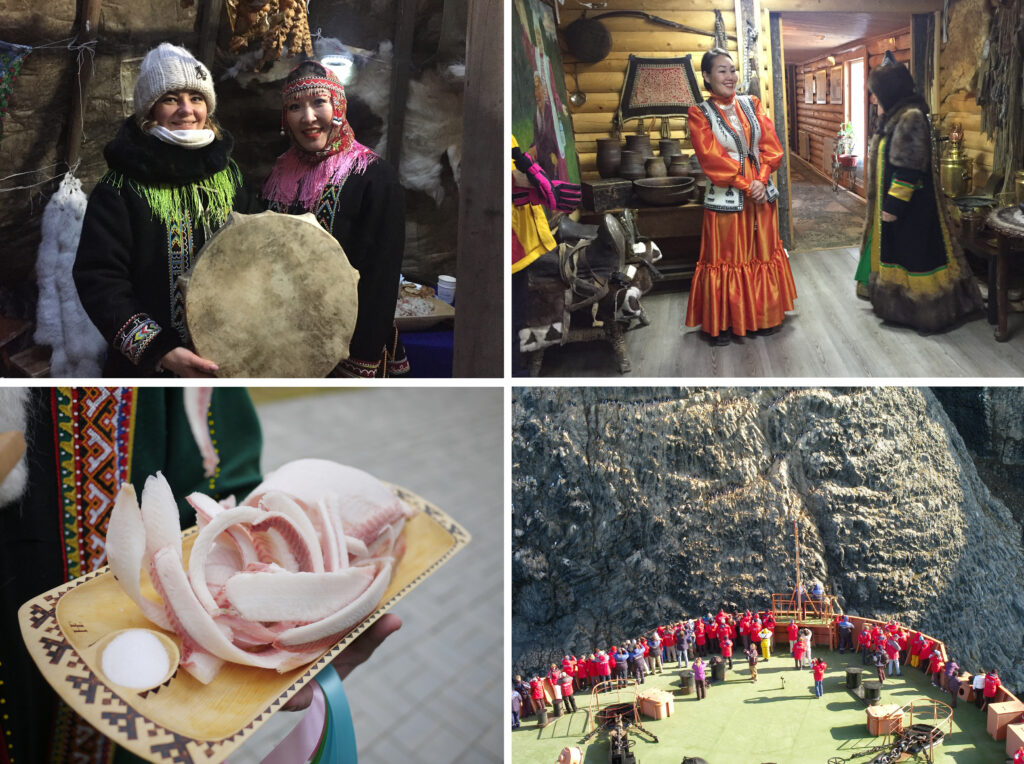 (Upper left) People wearing the traditional clothing and holding a drum of indigenous people at a winter event (Norilsk, Russia). (Upper right) A female shaman (Yakutsk, Sakha Republic). (Lower left) Stroganina, a traditional dish of frozen freshwater fish (Salekhard, Russia). (Photos by Natsuhiko Otsuka).
(Lower right) Tourists on a cruise ship observing a flock of seabirds perched on a rock face (Franz Josef Land, Russia). (Photo courtesy of Hiroshi Utsumi, Institute of Arctic Research and Observation).