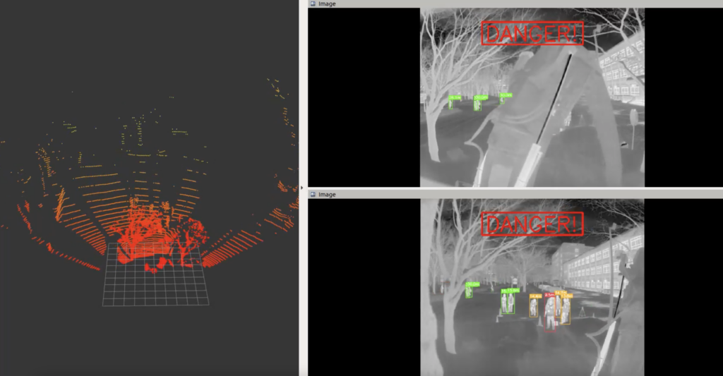 Real-time LiDAR-thermocamera projection as shown on the screen of a laptop connected to the sensor. LiDAR’s 3D map of the snowplow’s surroundings (left) and the sensor’s human-detection screen (right). The top screen is captured by the LiDAR-thermocamera installed on the right-hand side of the snowplow and the bottom screen is captured by the LiDAR-thermocamera on the opposite side. Both top and bottom screen is showing a "DANGER" alert in red.