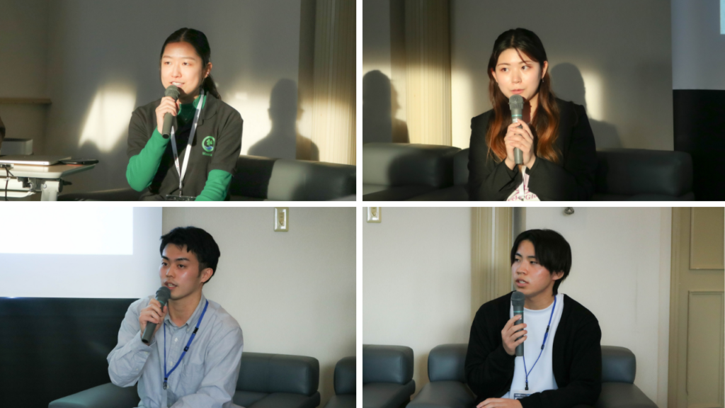 Four images of four different students seated, holding a microphone.