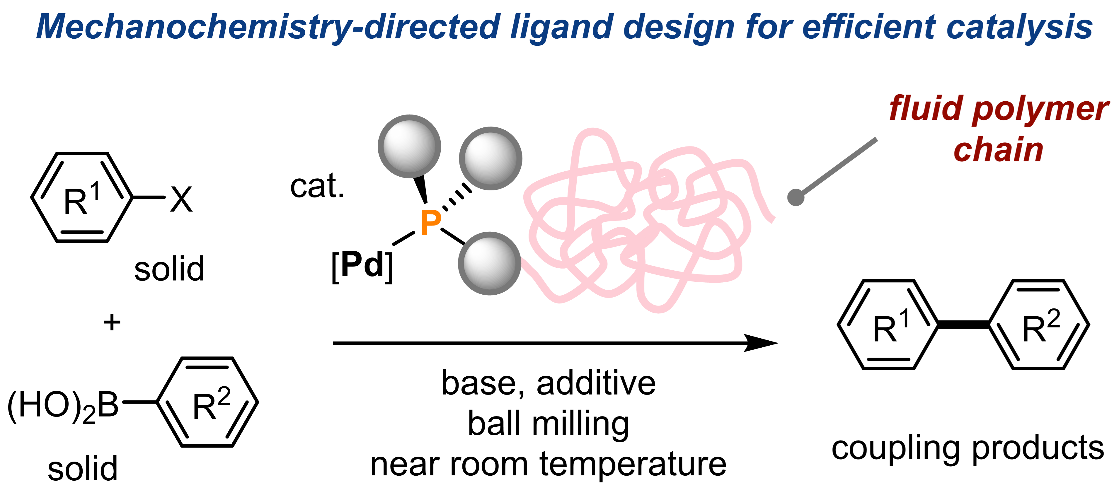 General reaction scheme using the polymer-chain modified palladium catalyst designed for mechanochemical reactions. (Tamae Seo, Koji Kubota, Hajime Ito. Journal of the American Chemical Society. March 9, 2023)