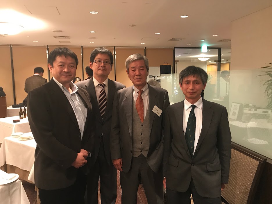 Yoshinori Takano (left), Yasuhiro Oba (center left) and Hiroshi Naraoka (right), co-authors of this study, with the late Akira Shimoyama (center right) a Japanese pioneer in meteorite analysis (Photo: Yasuhiro Oba).