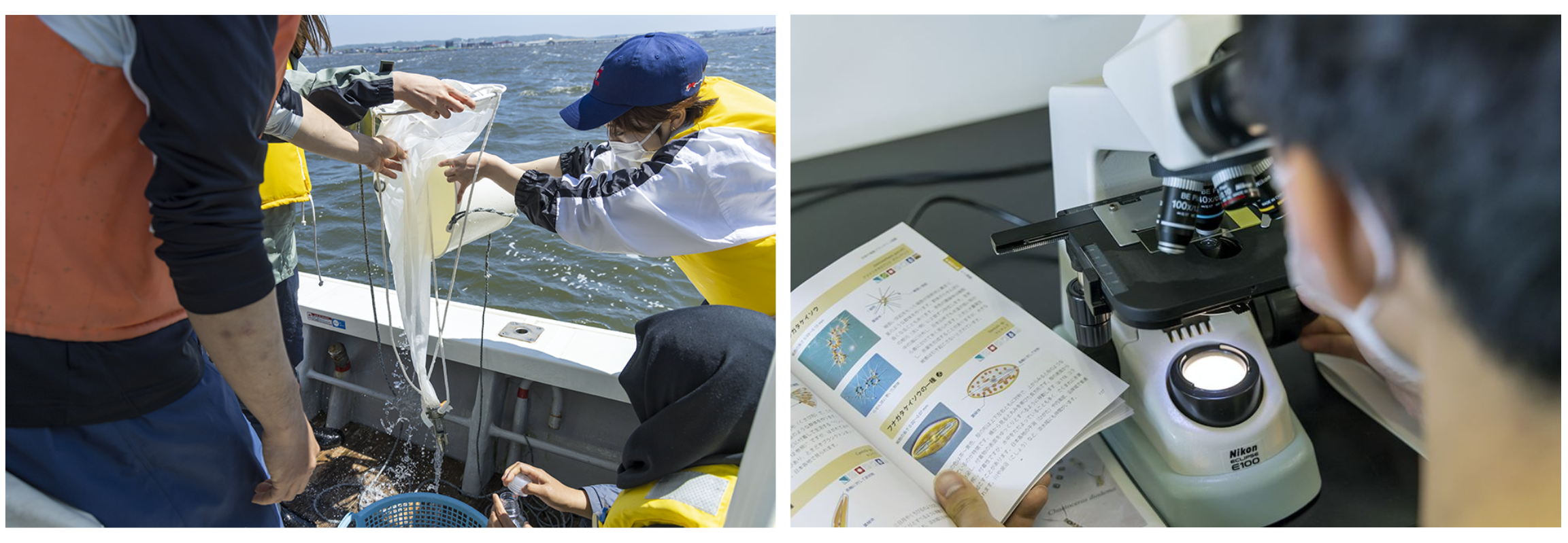 Left: A group of students on a ship, taking seawater samples. Right: a student using a microscope and holding a book.