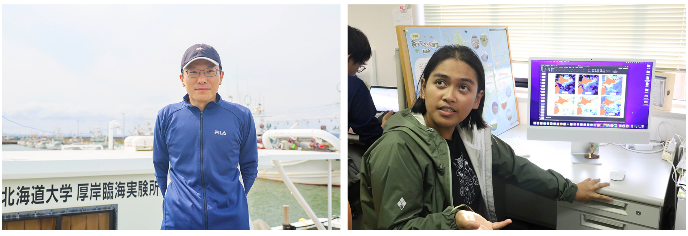 Left: Assoc. Prof. Tomonori Isada standing in front of Misago-maru. Right: Willy Angraini sitting on her work desk.