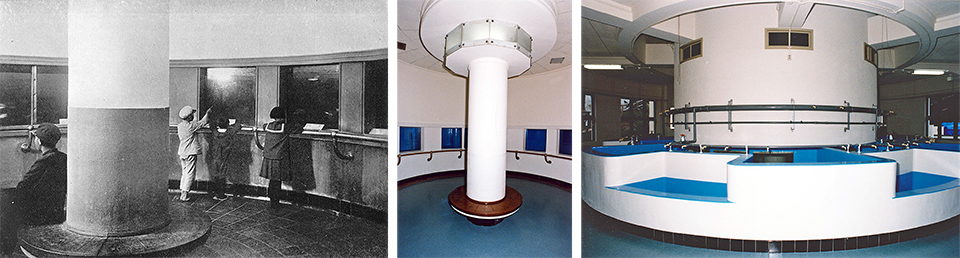 Left: a black and white photo of people looking at the aquatic exhibitions through aquarium glasses. Center: a colored photo of the emptied former aquarium. Right: a colored photo of sinks area.