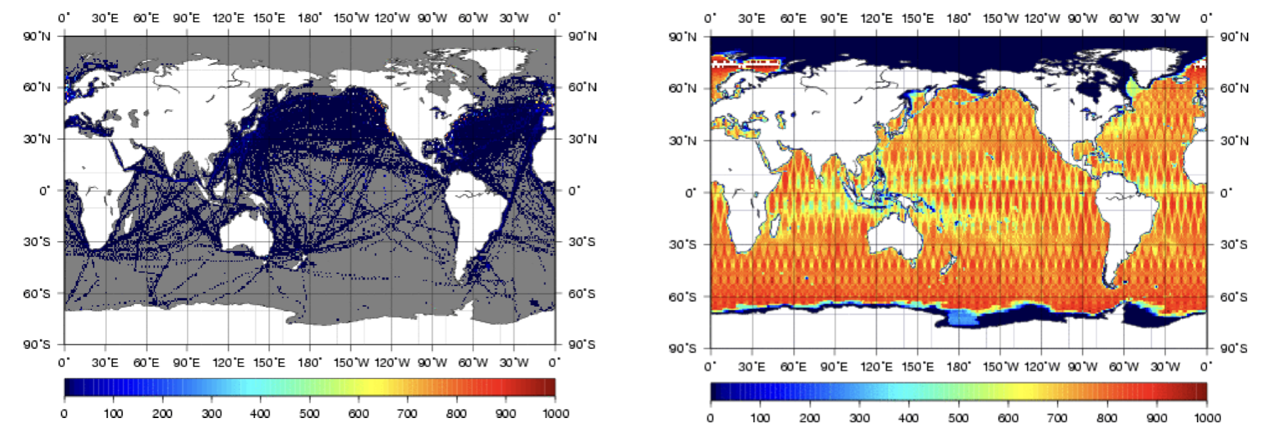 Figures showing the air-sea fluxes observed by ship (left) and satellite (right). There are gaps in the ship observations, while the satellites observe a wide area without a gap.