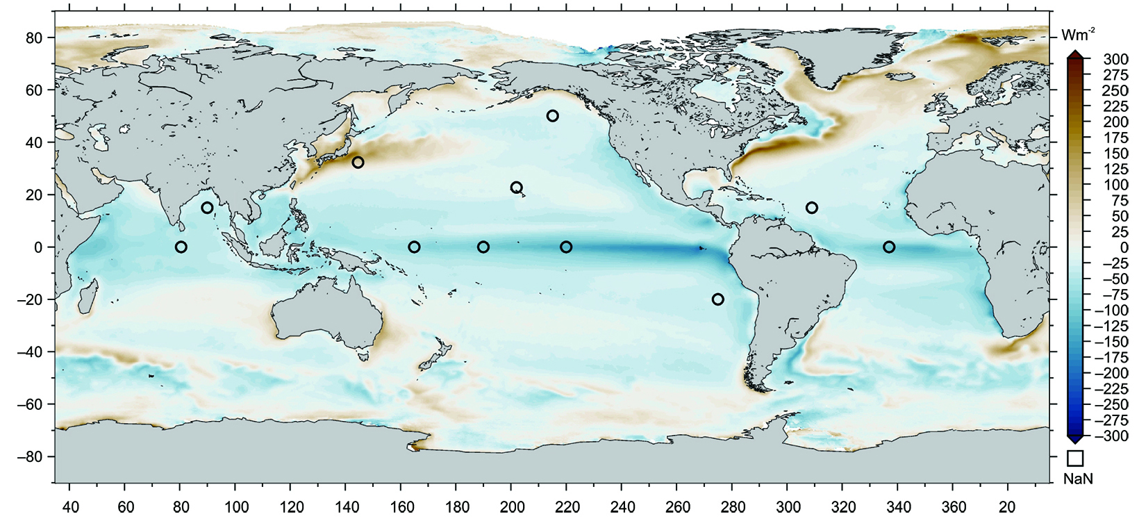 Air-sea heat flux distribution for the last three decades estimated by J-OFURO3. A positive value shows heat transfer from the ocean to the atmosphere.