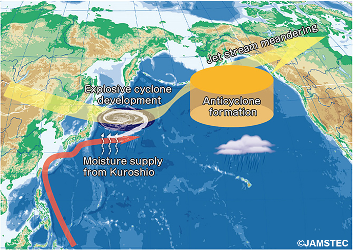The influence of the Kuroshio Current on bomb cyclones and atmospheric circulation in the North Pacific. (Image provided by JAMSTEC)