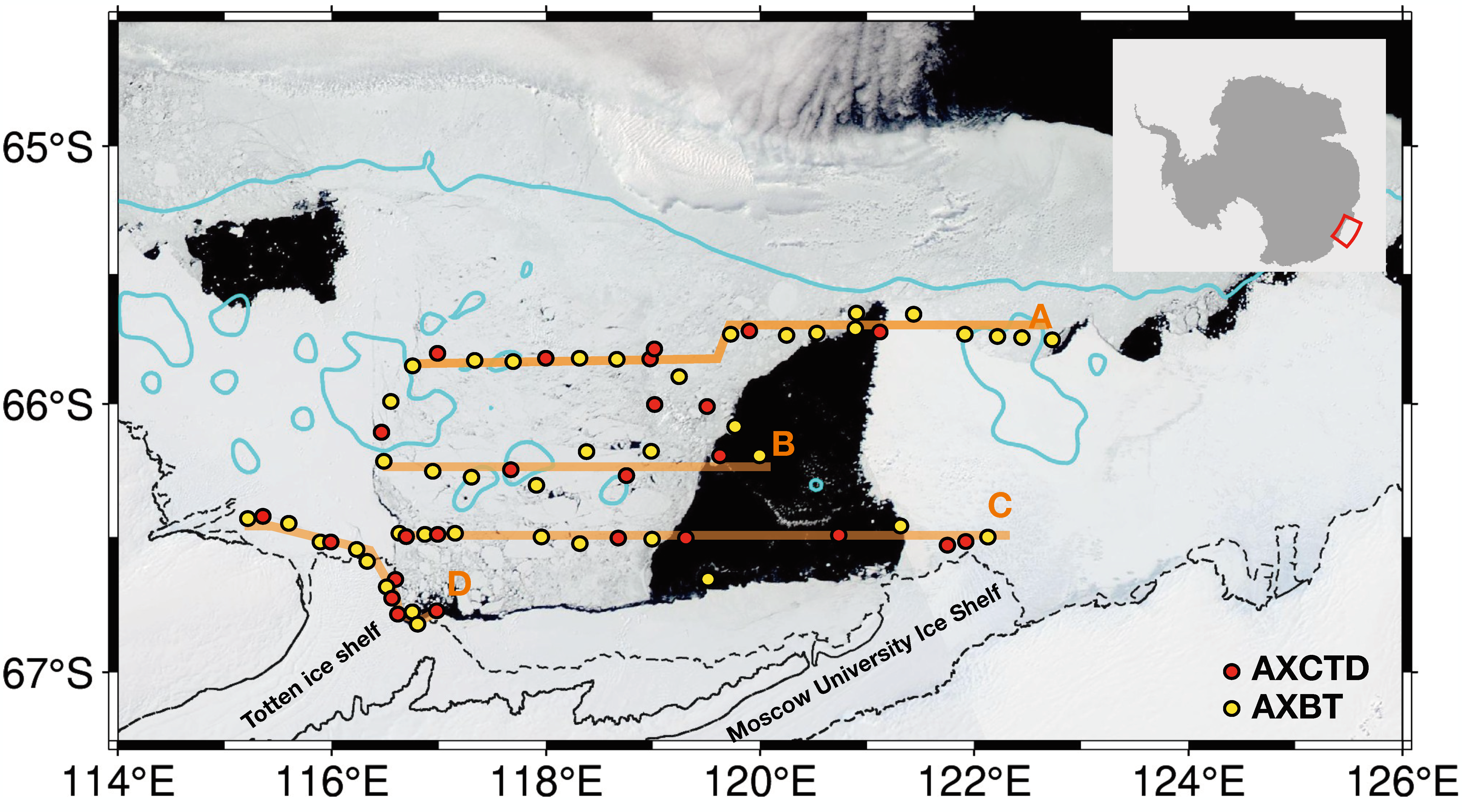 A satellite photo of the region surrounding the Totten Glacier, showing the Totten Ice Shelf and Moscow University Ice Shelf, with sampling paths (orange lines), sampling locations (yellow and red circles), and the 1000 m depth contour (cyan outlines). (Yoshihiro Nakayama, et al. Geophysical Research Letters. September 11, 2023)
