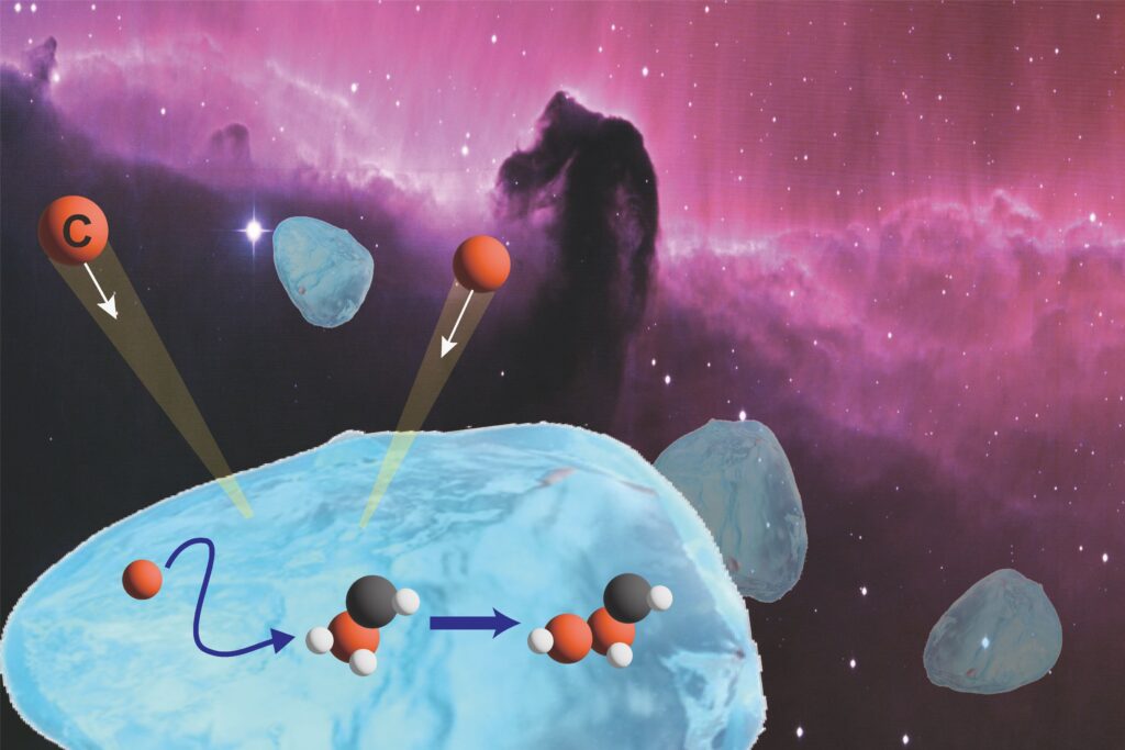 An artistic depiction of the formation of organic compounds on interstellar ice. (Image: Masashi Tsuge)