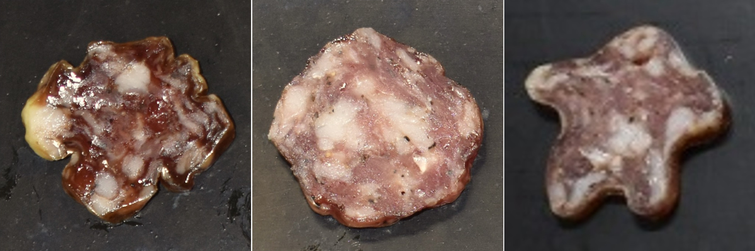 Nitrate- and nitrite-free dry cured salami produced with the addition of ZnPP-producing LAB (center) compared salami containing nitrates and nitrites (left) and nitrate- and nitrite-free salami (right). (Photos courtesy of Air Water Inc.)